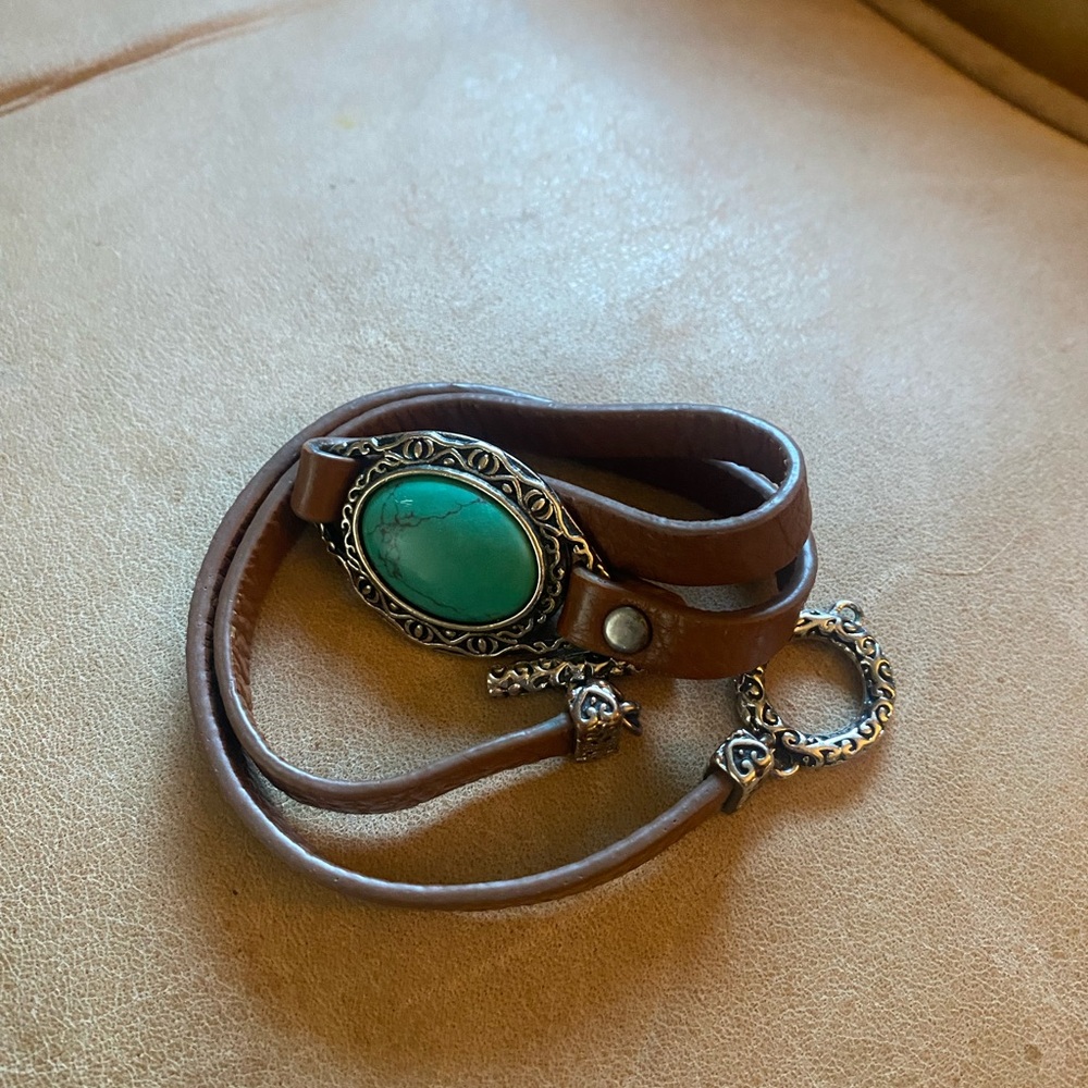Noonday Collection Brown Leather Bracelet with Turquoise Stone